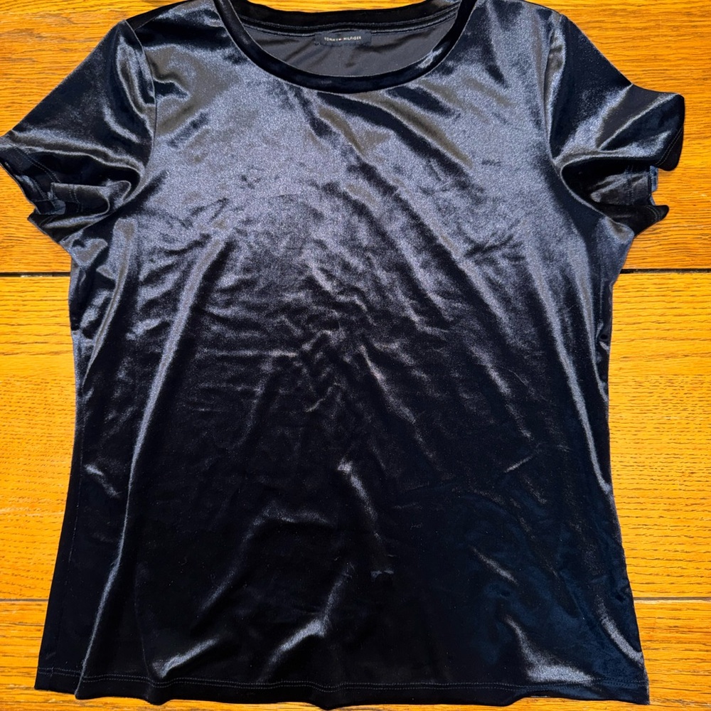 Vintage Tommy Hilfiger Shiny Blue Velvet Short Sleeve Tee Medium